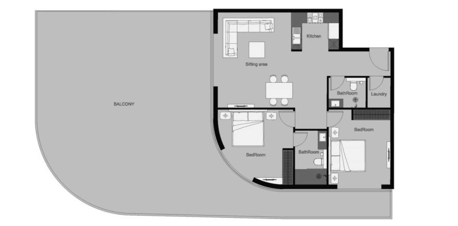 Планировка Квартиры «2BR-26» с 2 спальнями в ЖК THE CENTRAL DOWNTOWN