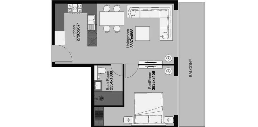 Планировка Квартиры «1BR-25» с 1 спальней в ЖК THE CENTRAL DOWNTOWN