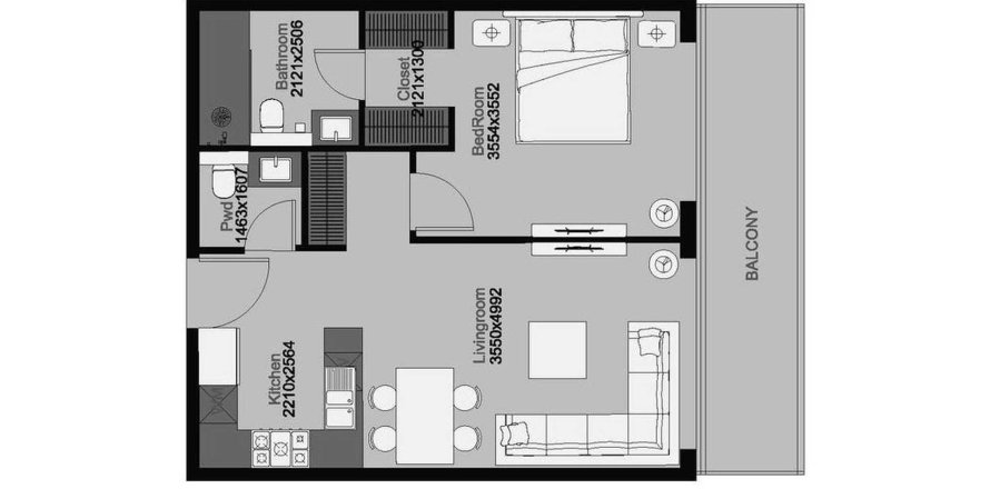 Планировка Квартиры «1BR-24» с 1 спальней в ЖК THE CENTRAL DOWNTOWN