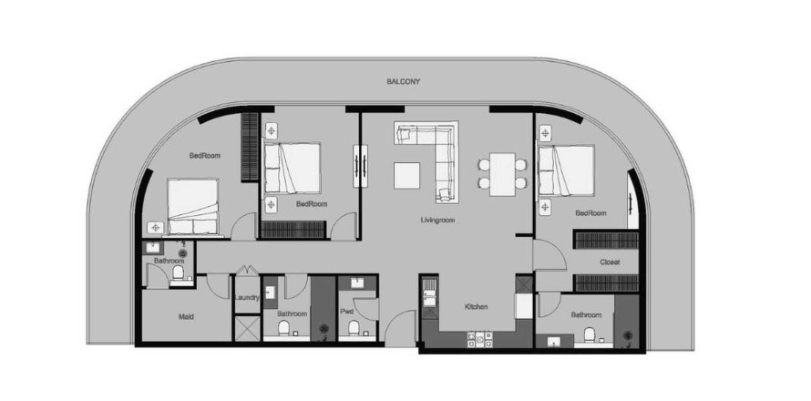 Планировка Квартиры «3BR-29» с 3 спальнями в ЖК THE CENTRAL DOWNTOWN