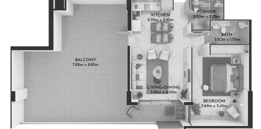 Планировка Квартиры «1BR» с 1 спальней в ЖК OLIVIA RESIDENCES