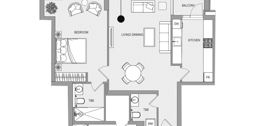 Планировка Квартиры «1BR» с 1 спальней в ЖК EVERGR1N House 4