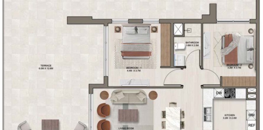 2 bedrooms Apartment floor plan «2BR» in Ghaff Land Residence
