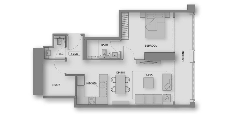 Планировка Квартиры «1BR» с 1 спальней в ЖК Binghatti Moonlight