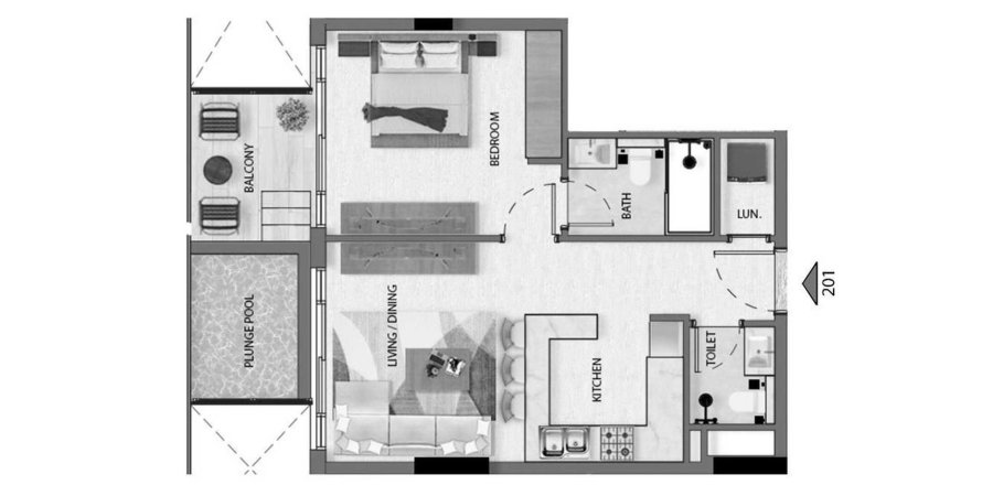 Планировка Квартиры «1BR» с 1 спальней в ЖК Avana Residences