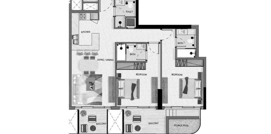 Планировка Квартиры «2BR» с 2 спальнями в ЖК Avana Residences