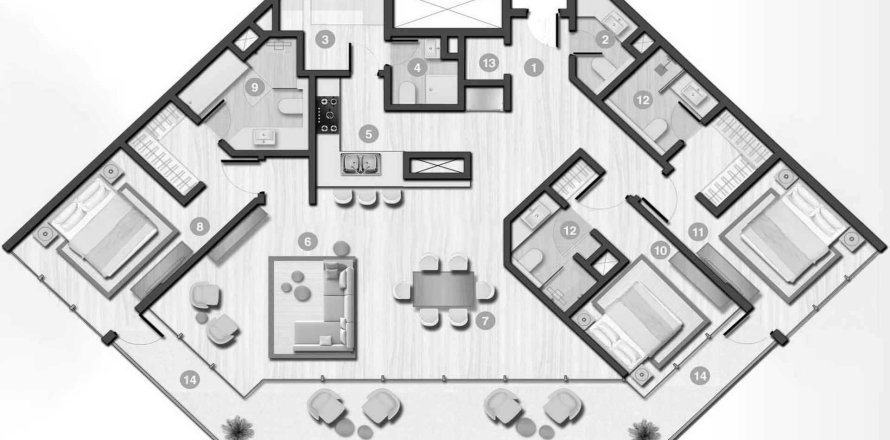 3 bedrooms Apartment floor plan «TYPE 1» in Al Hamra Waterfront