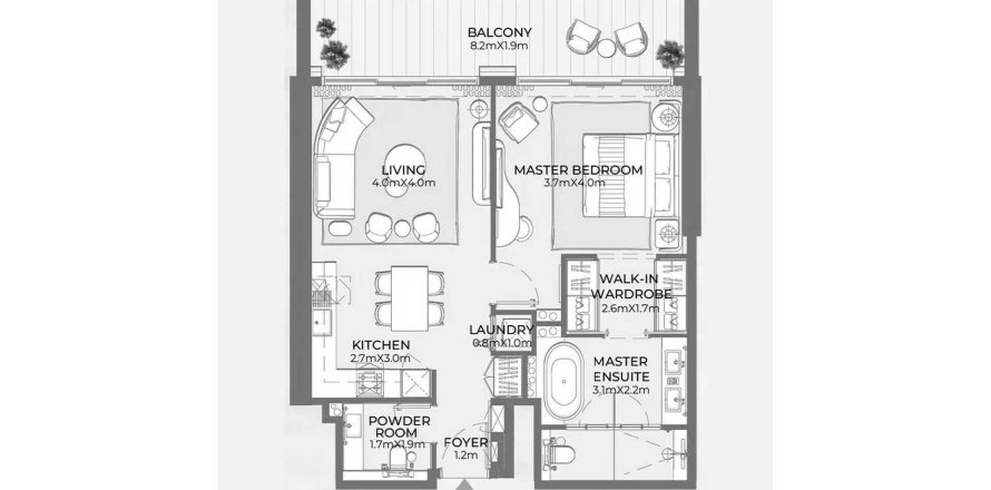 Планировка Квартиры «1BR» с 1 спальней в ЖК Fairmont Residences