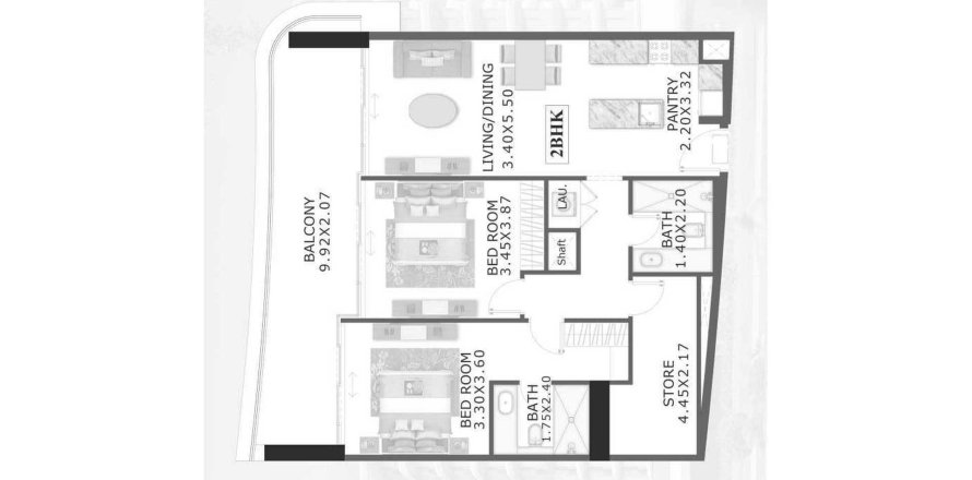 Планировка Квартиры «2BR» с 2 спальнями в ЖК 48 PARKSIDE BY TABEER
